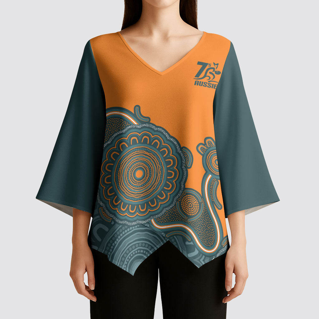 Australia Rugby Sevens Custom Kimono Sleeve Blouse Go Aussie Women's 7s Aboriginal Art