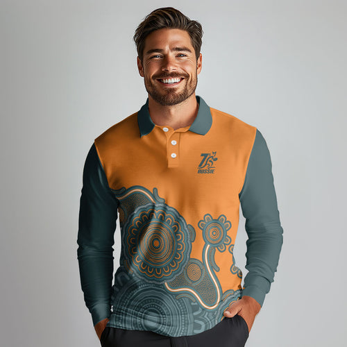 Australia Rugby Sevens Custom Long Sleeve Polo Shirt Go Aussie Women's 7s Aboriginal Art