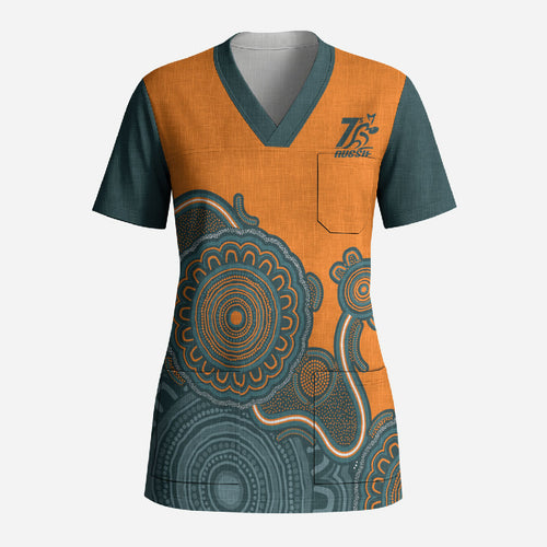 Australia Rugby Sevens Custom Scrub Top Go Aussie Women's 7s Aboriginal Art