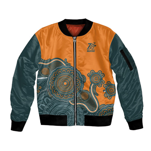 Australia Rugby Sevens Custom Sleeve Zip Bomber Jacket Go Aussie Women's 7s Aboriginal Art