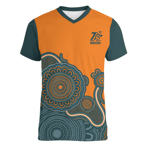 Australia Rugby Sevens Custom Women V-Neck T-Shirt Go Aussie Women's 7s Aboriginal Art