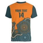 Australia Rugby Sevens Custom Women V-Neck T-Shirt Go Aussie Women's 7s Aboriginal Art
