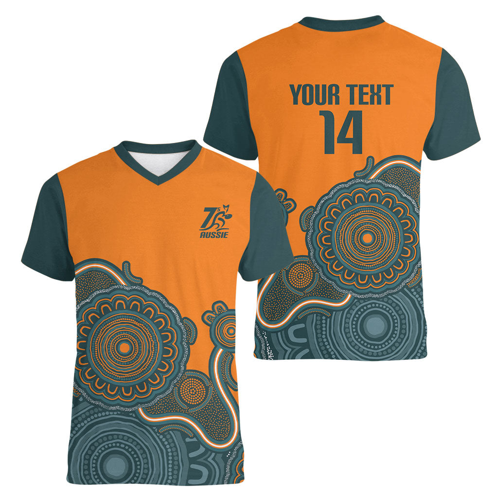 Australia Rugby Sevens Custom Women V-Neck T-Shirt Go Aussie Women's 7s Aboriginal Art