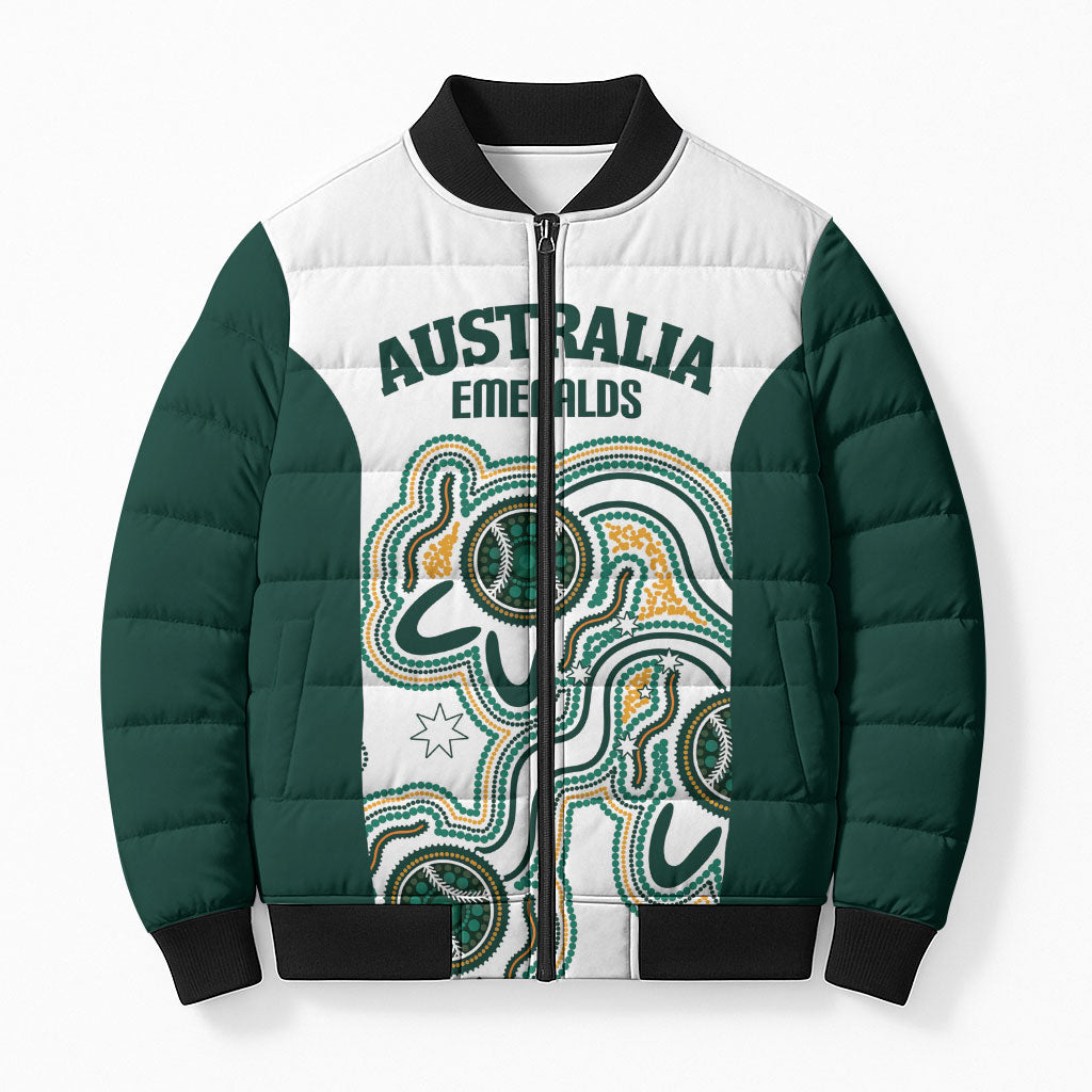 Australia Baseball Custom Bomber Puffer Jacket Go Emeralds Aboriginal Art