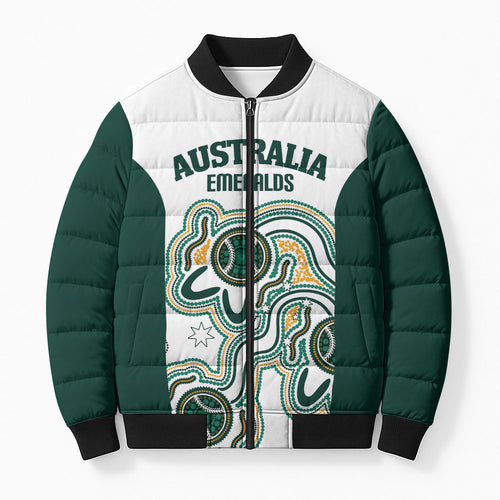 Australia Baseball Custom Bomber Puffer Jacket Go Emeralds Aboriginal Art