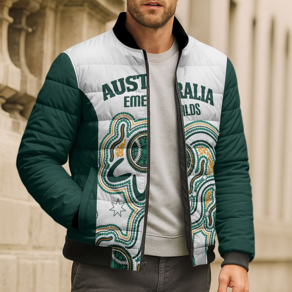 Australia Baseball Custom Bomber Puffer Jacket Go Emeralds Aboriginal Art