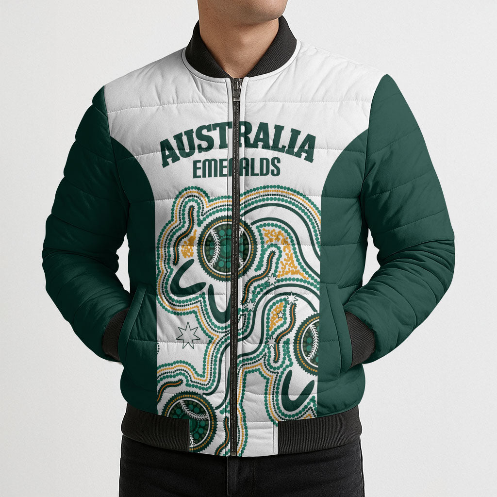 Australia Baseball Custom Bomber Puffer Jacket Go Emeralds Aboriginal Art