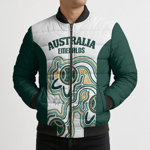 Australia Baseball Custom Bomber Puffer Jacket Go Emeralds Aboriginal Art