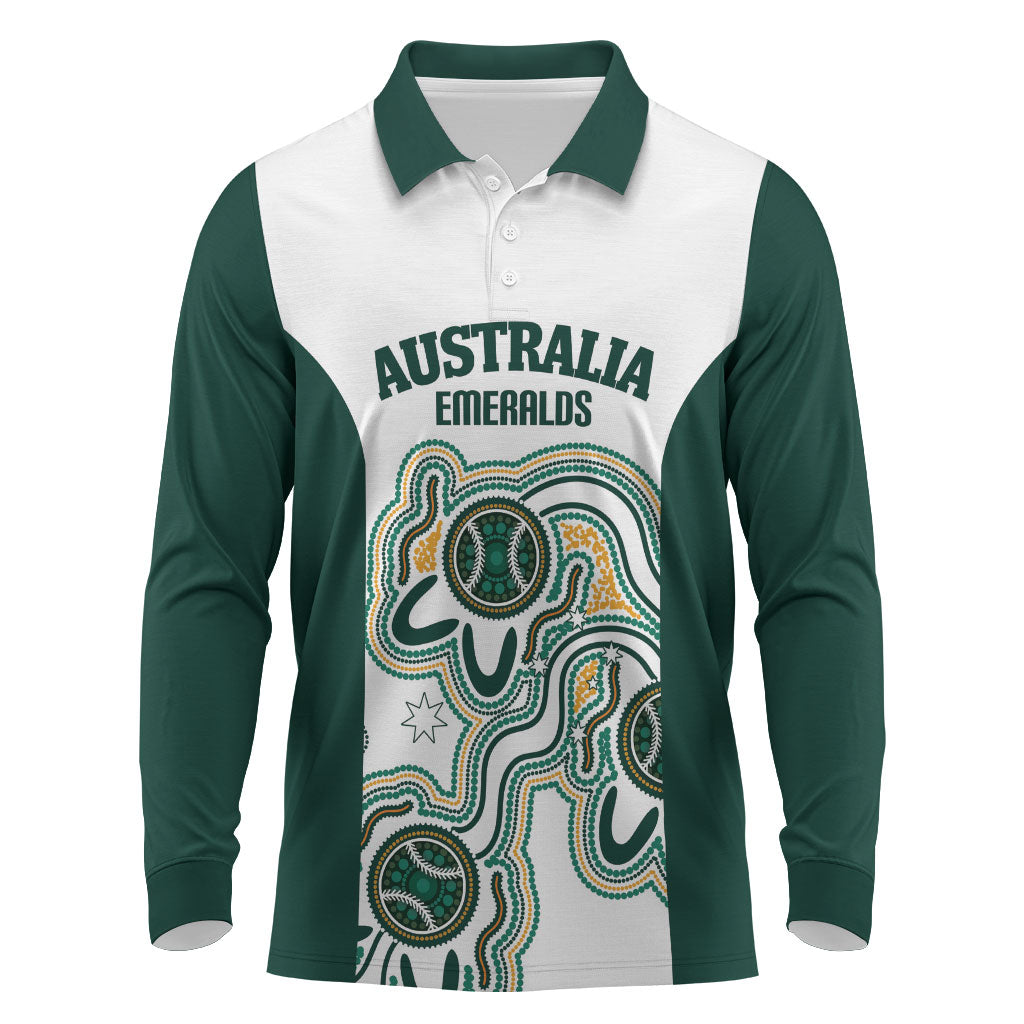 Australia Baseball Custom Long Sleeve Polo Shirt Go Emeralds Aboriginal Art