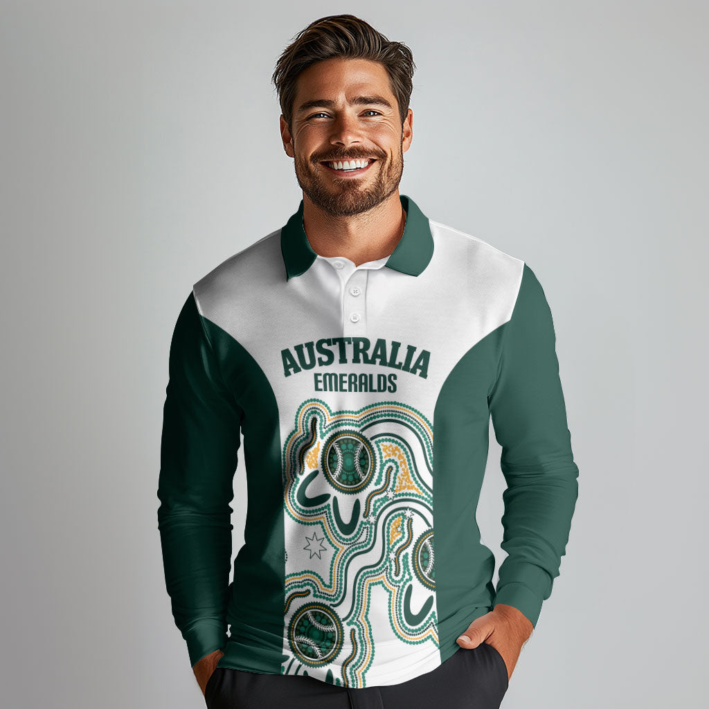Australia Baseball Custom Long Sleeve Polo Shirt Go Emeralds Aboriginal Art