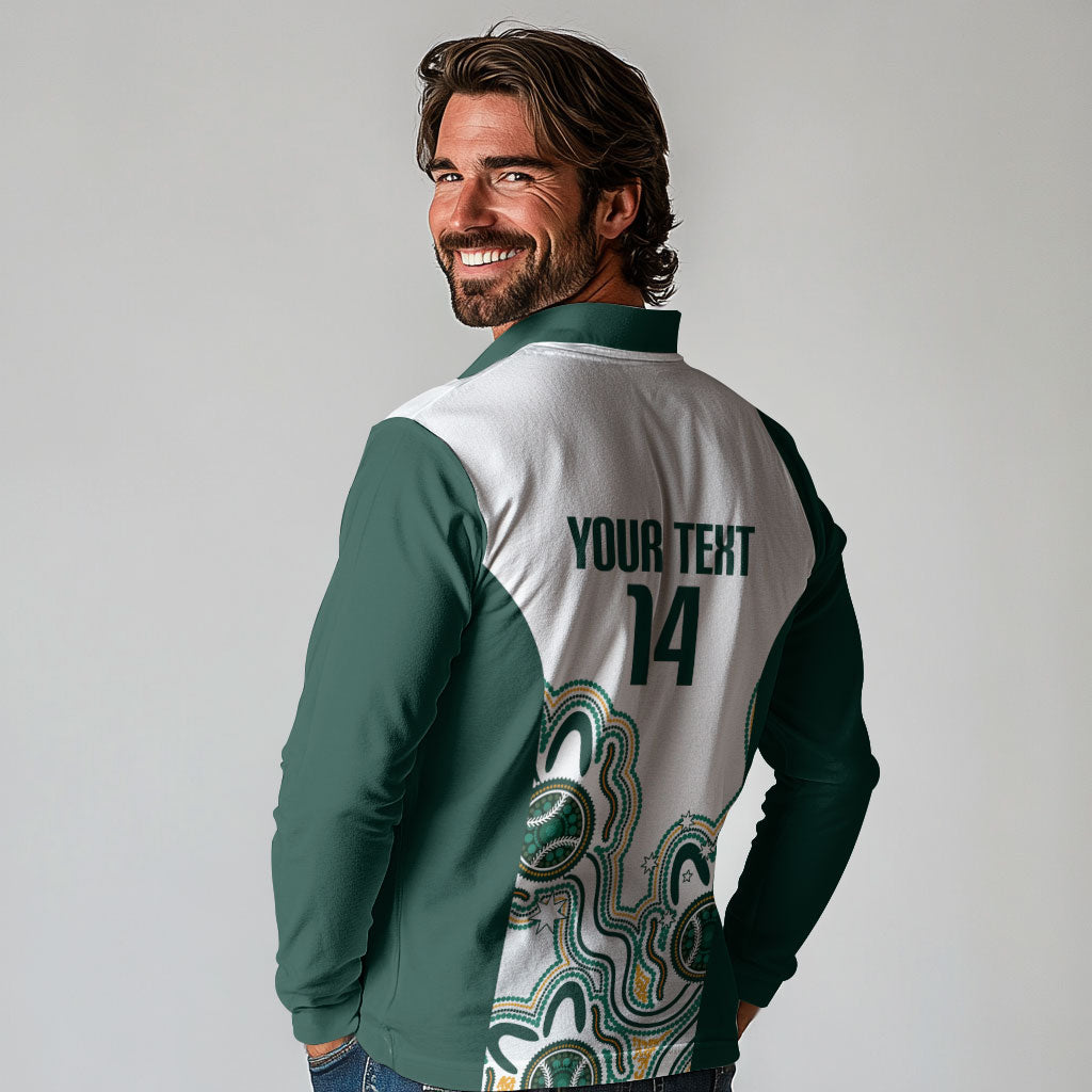 Australia Baseball Custom Long Sleeve Polo Shirt Go Emeralds Aboriginal Art