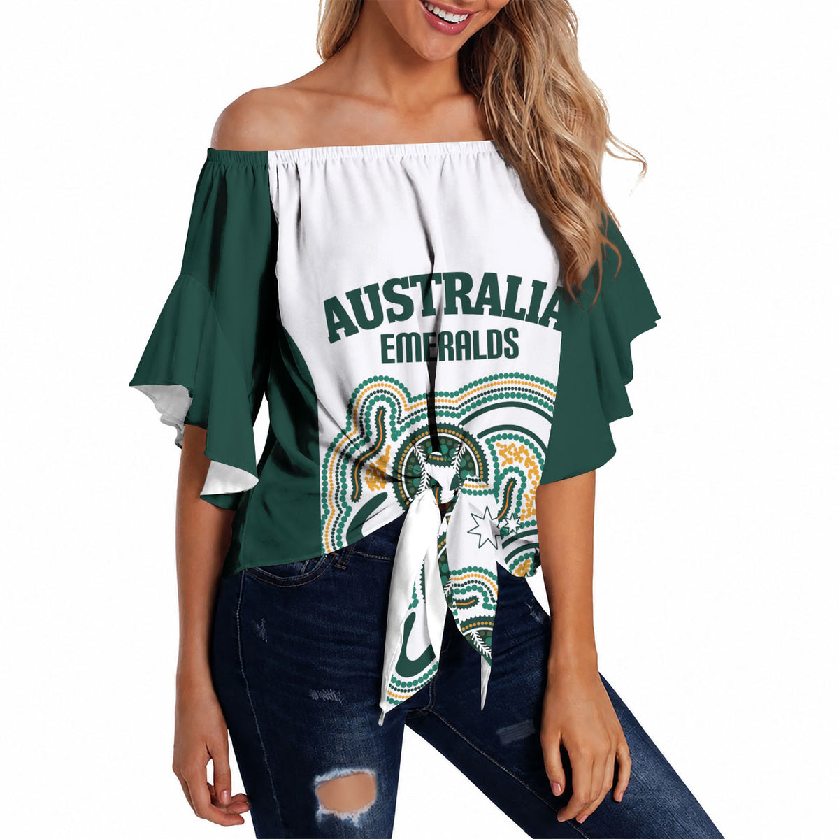 Australia Baseball Custom Off Shoulder Wrap Waist Top Go Emeralds Aboriginal Art