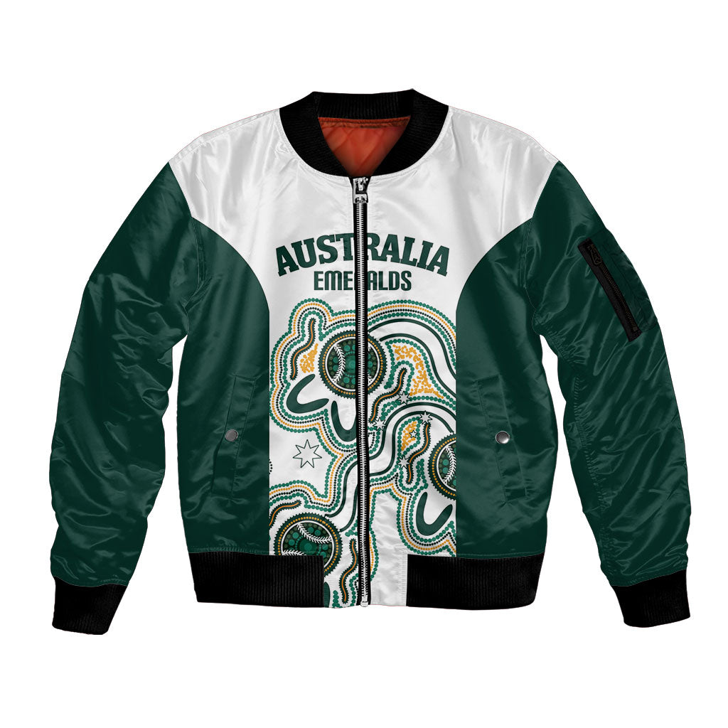 Australia Baseball Custom Sleeve Zip Bomber Jacket Go Emeralds Aboriginal Art