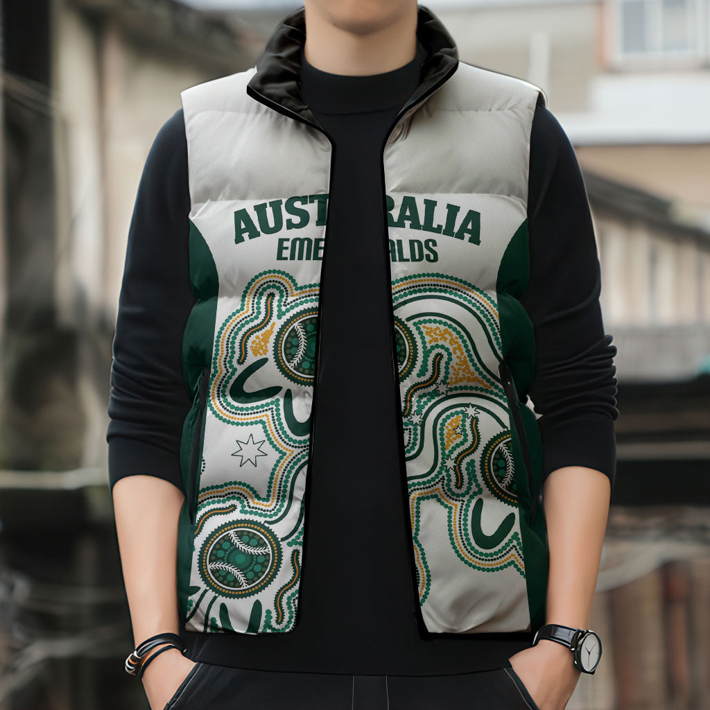 Australia Baseball Custom Sleeveless Puffer Jacket Go Emeralds Aboriginal Art