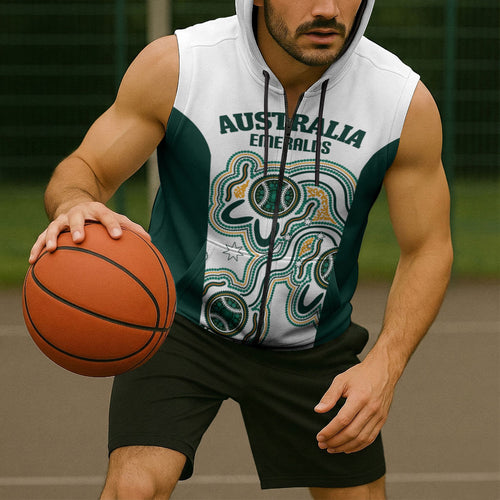 Australia Baseball Custom Sleeveless Zip Hoodie Go Emeralds Aboriginal Art