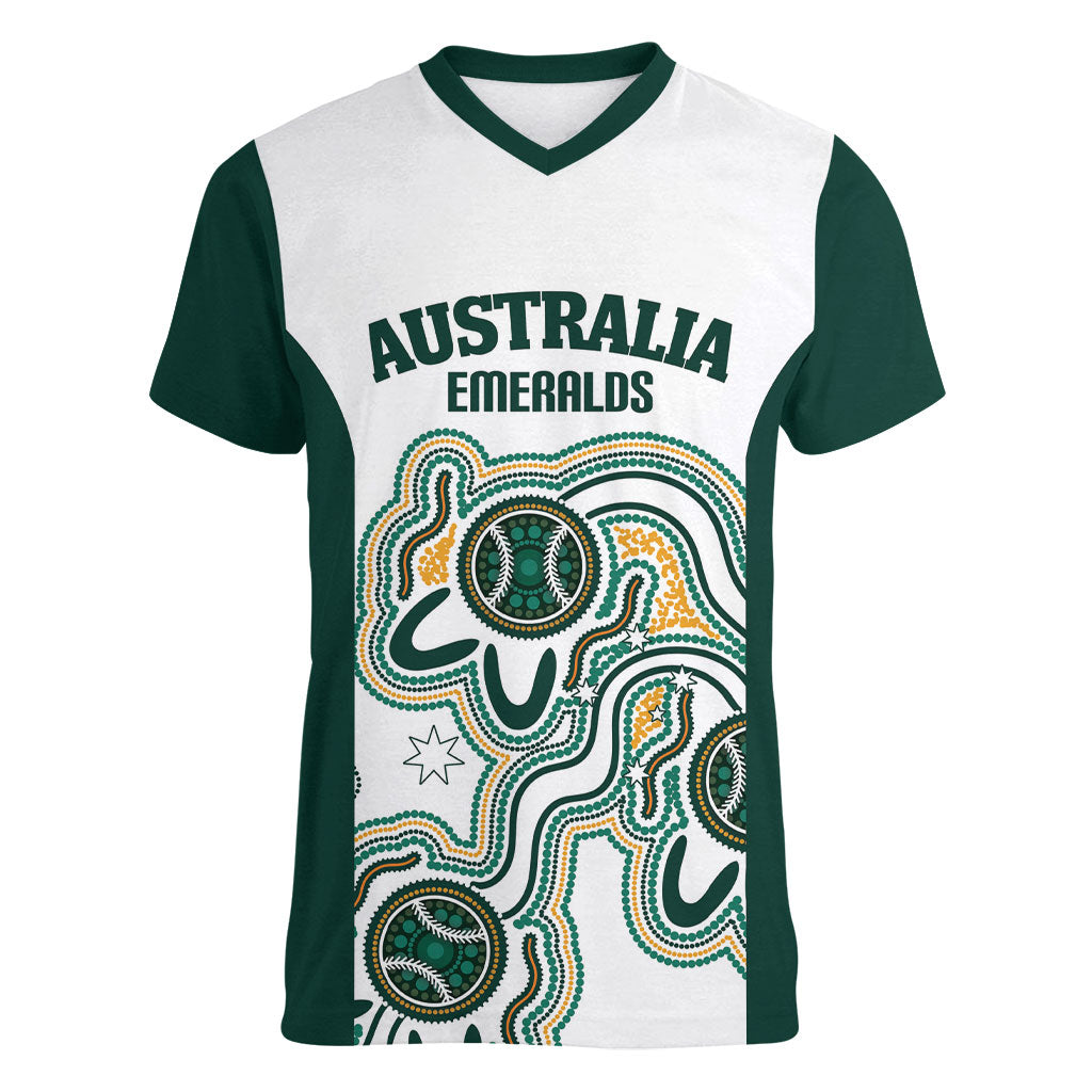 Australia Baseball Custom Women V-Neck T-Shirt Go Emeralds Aboriginal Art