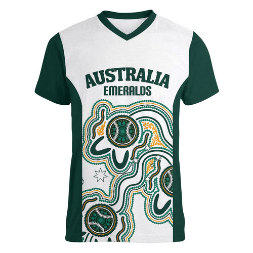 Australia Baseball Custom Women V-Neck T-Shirt Go Emeralds Aboriginal Art