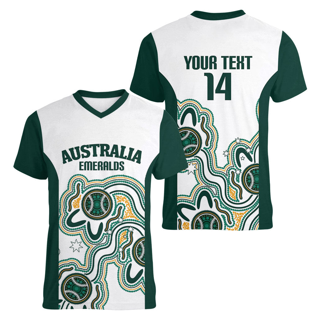 Australia Baseball Custom Women V-Neck T-Shirt Go Emeralds Aboriginal Art