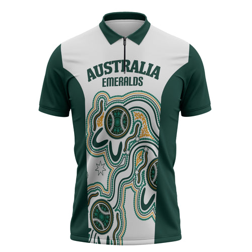 Australia Baseball Custom Zipper Polo Shirt Go Emeralds Aboriginal Art