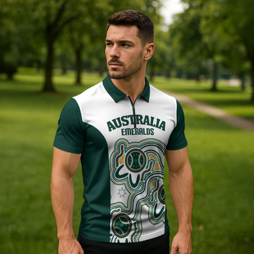 Australia Baseball Custom Zipper Polo Shirt Go Emeralds Aboriginal Art