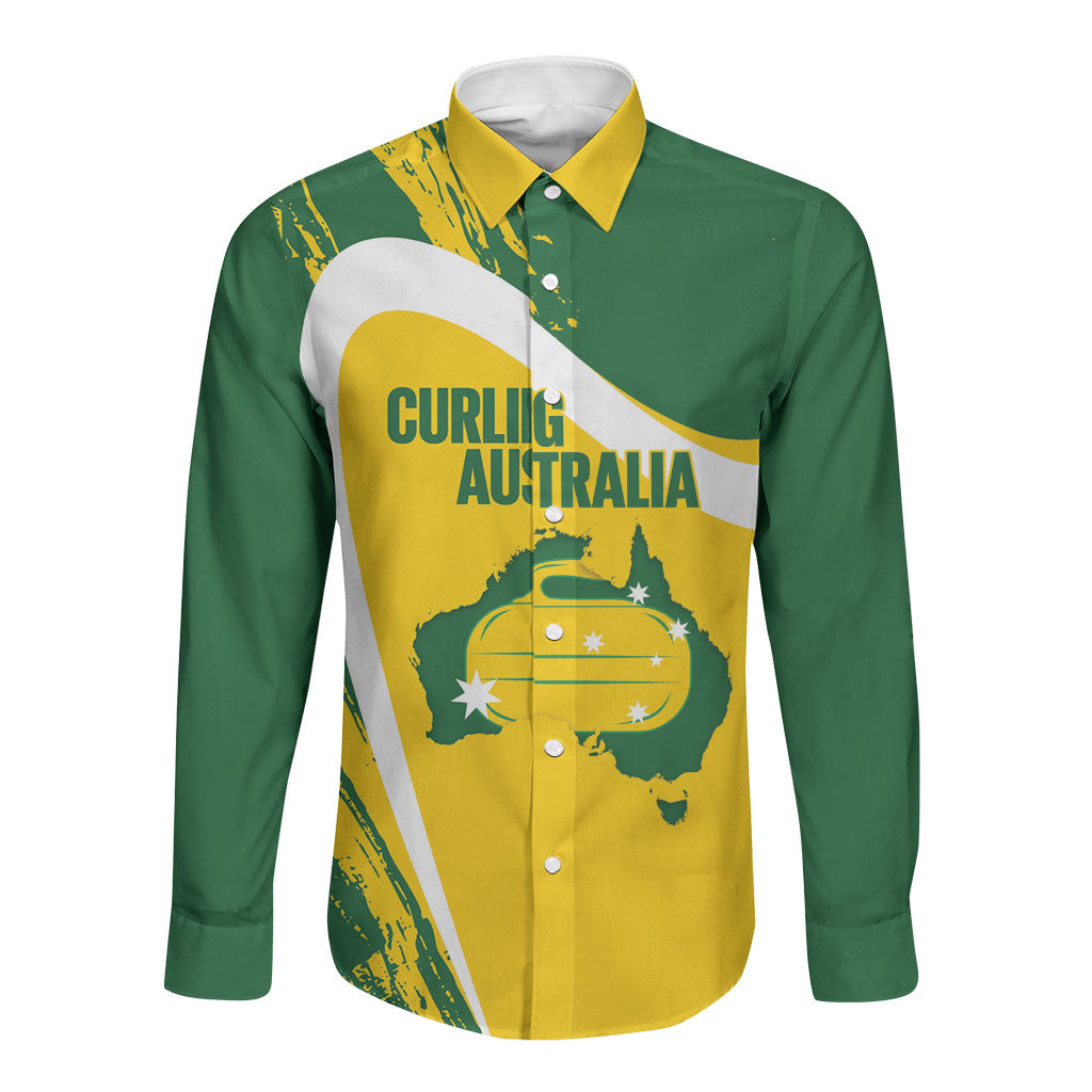 Australia Curling Personalised Long Sleeve Button Shirt Aussie Map Grunge Curve Style