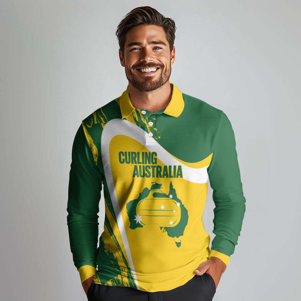 Australia Curling Personalised Long Sleeve Polo Shirt Aussie Map Grunge Curve Style