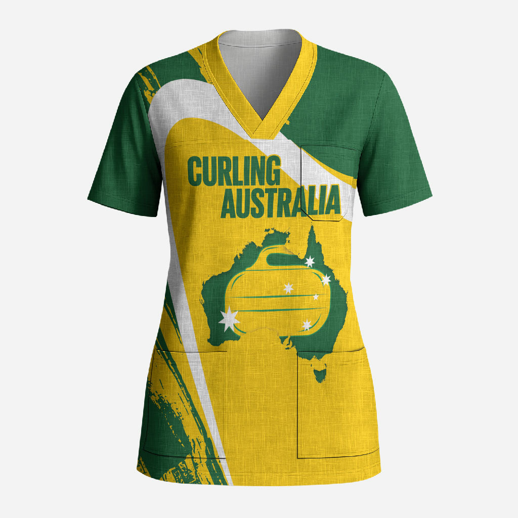 Australia Curling Personalised Scrub Top Aussie Map Grunge Curve Style