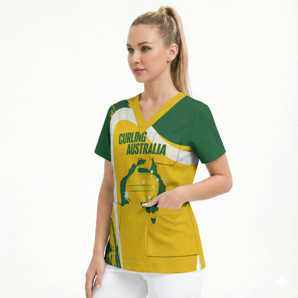 Australia Curling Personalised Scrub Top Aussie Map Grunge Curve Style