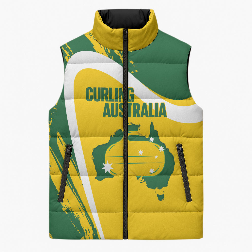 Australia Curling Personalised Sleeveless Puffer Jacket Aussie Map Grunge Curve Style