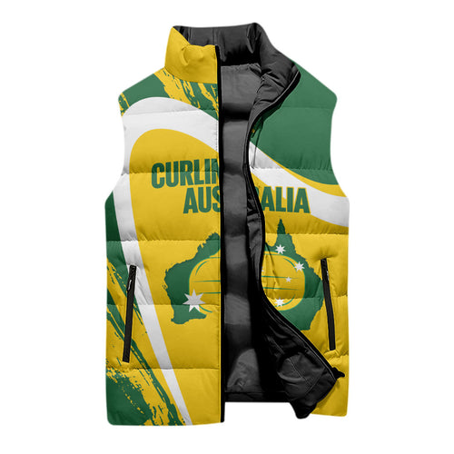 Australia Curling Personalised Sleeveless Puffer Jacket Aussie Map Grunge Curve Style