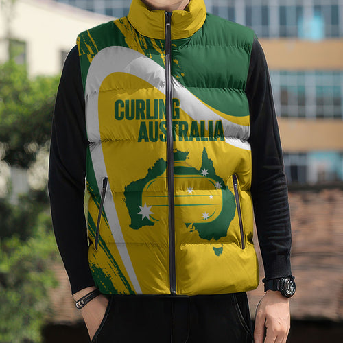 Australia Curling Personalised Sleeveless Puffer Jacket Aussie Map Grunge Curve Style