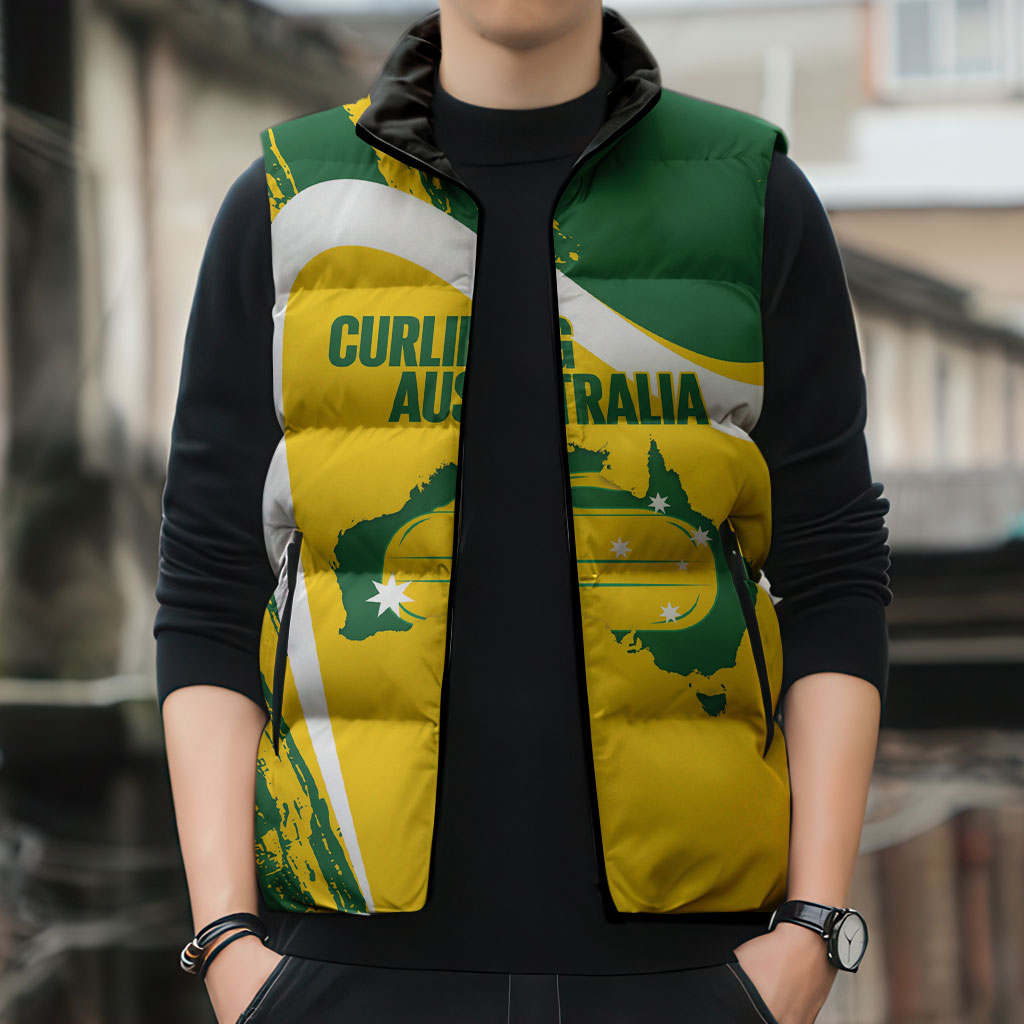 Australia Curling Personalised Sleeveless Puffer Jacket Aussie Map Grunge Curve Style