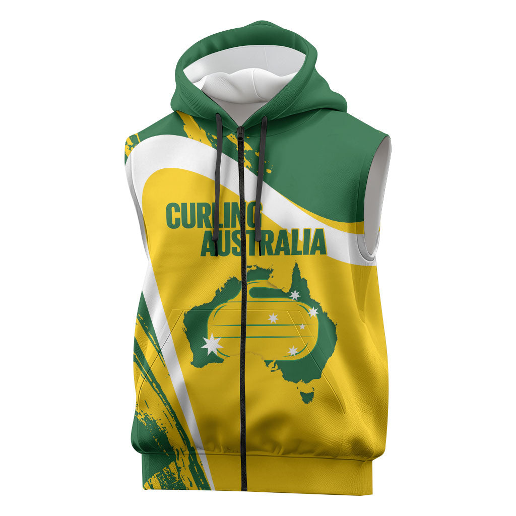 Australia Curling Personalised Sleeveless Zip Hoodie Aussie Map Grunge Curve Style