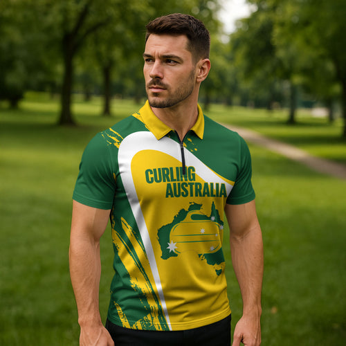 Australia Curling Personalised Zipper Polo Shirt Aussie Map Grunge Curve Style