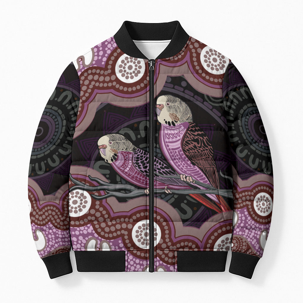 Purple Budgerigar Australia Indigenous Art Bomber Puffer Jacket