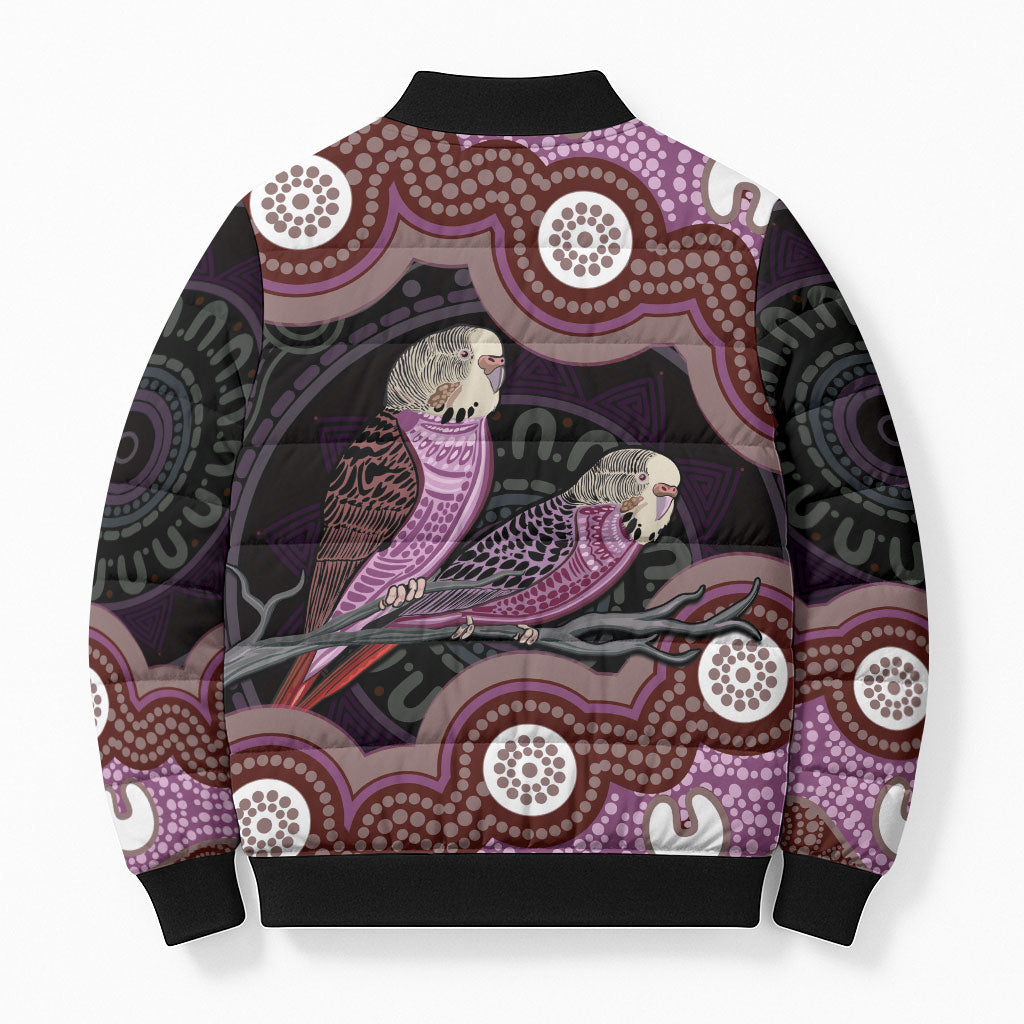 Purple Budgerigar Australia Indigenous Art Bomber Puffer Jacket