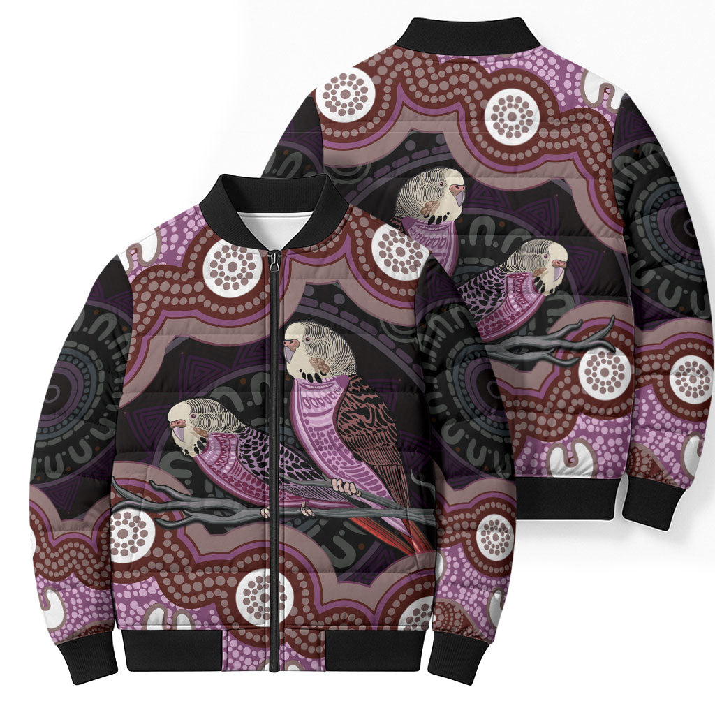 Purple Budgerigar Australia Indigenous Art Bomber Puffer Jacket