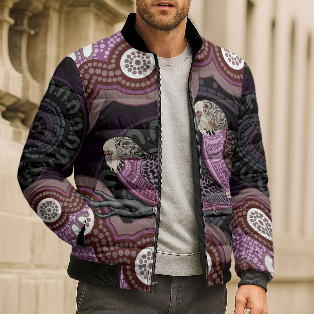 Purple Budgerigar Australia Indigenous Art Bomber Puffer Jacket