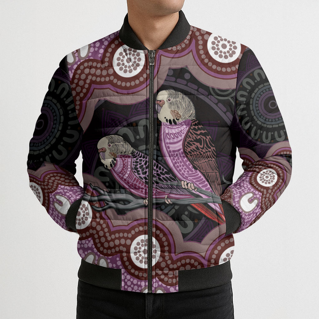 Purple Budgerigar Australia Indigenous Art Bomber Puffer Jacket