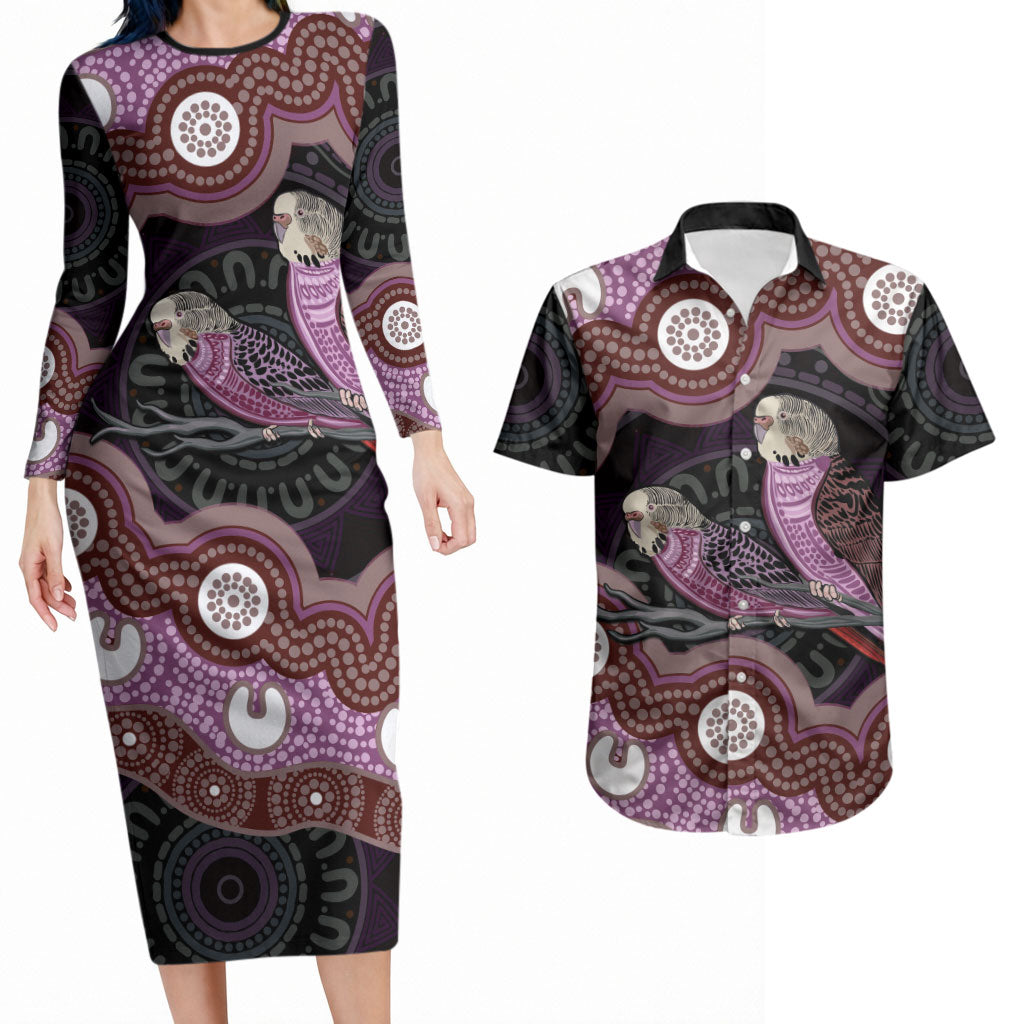 Purple Budgerigar Australia Indigenous Art Couples Matching Long Sleeve Bodycon Dress and Hawaiian Shirt