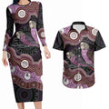 Purple Budgerigar Australia Indigenous Art Couples Matching Long Sleeve Bodycon Dress and Hawaiian Shirt