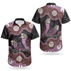Purple Budgerigar Australia Indigenous Art Couples Matching Long Sleeve Bodycon Dress and Hawaiian Shirt