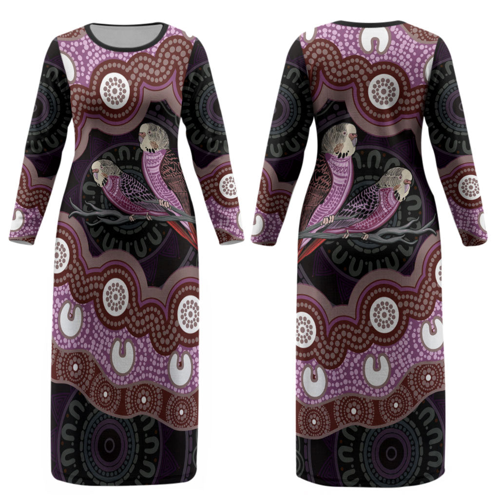 Purple Budgerigar Australia Indigenous Art Couples Matching Long Sleeve Bodycon Dress and Hawaiian Shirt