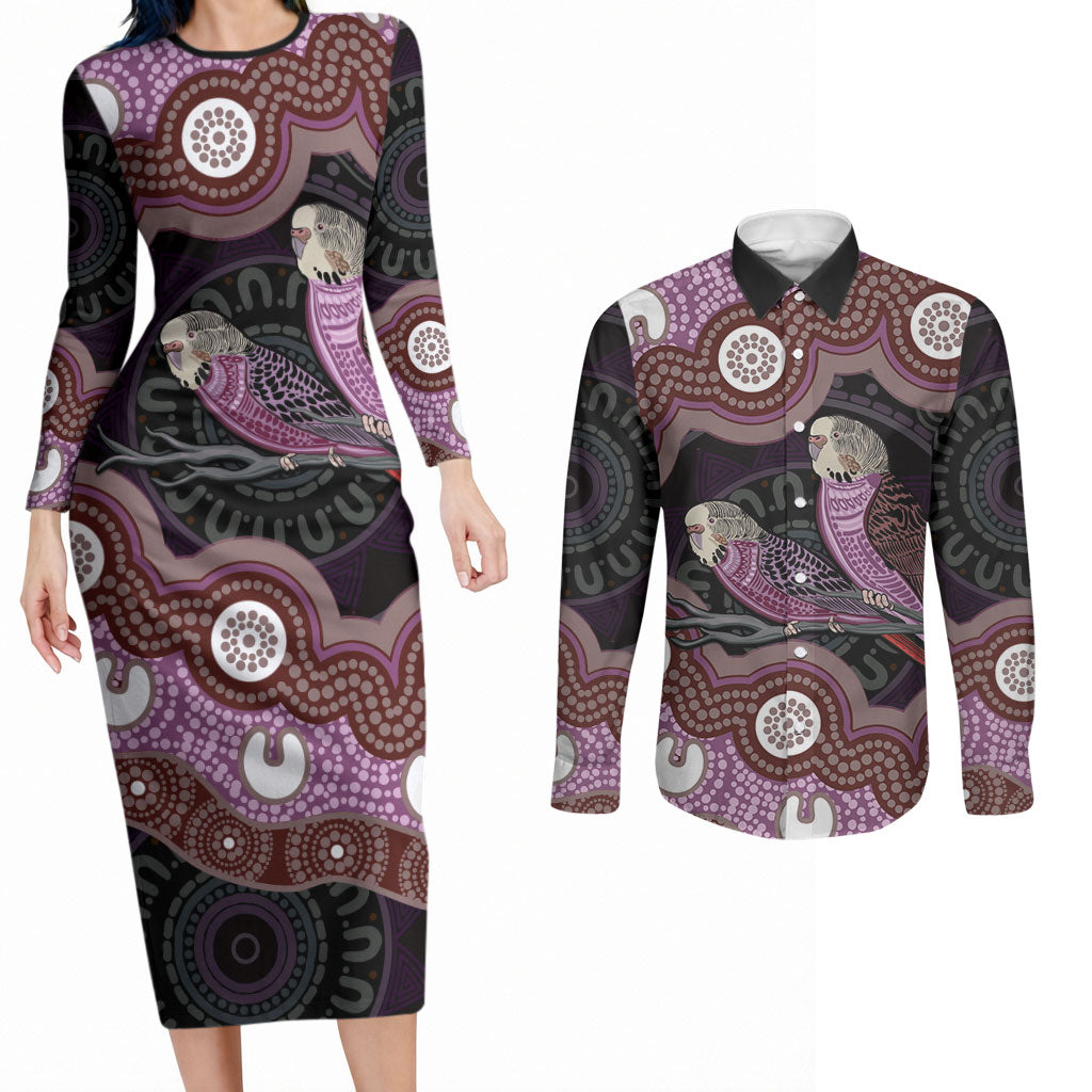 Purple Budgerigar Australia Indigenous Art Couples Matching Long Sleeve Bodycon Dress and Long Sleeve Button Shirt