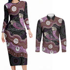 Purple Budgerigar Australia Indigenous Art Couples Matching Long Sleeve Bodycon Dress and Long Sleeve Button Shirt
