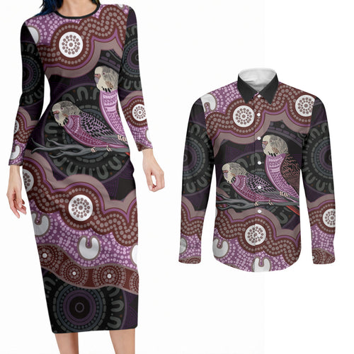 Purple Budgerigar Australia Indigenous Art Couples Matching Long Sleeve Bodycon Dress and Long Sleeve Button Shirt