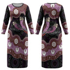 Purple Budgerigar Australia Indigenous Art Couples Matching Long Sleeve Bodycon Dress and Long Sleeve Button Shirt