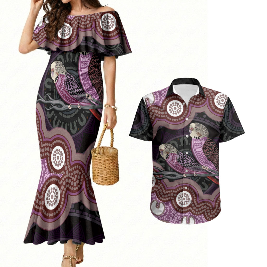 Purple Budgerigar Australia Indigenous Art Couples Matching Mermaid Dress and Hawaiian Shirt