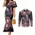 Purple Budgerigar Australia Indigenous Art Couples Matching Mermaid Dress and Long Sleeve Button Shirt