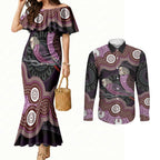 Purple Budgerigar Australia Indigenous Art Couples Matching Mermaid Dress and Long Sleeve Button Shirt